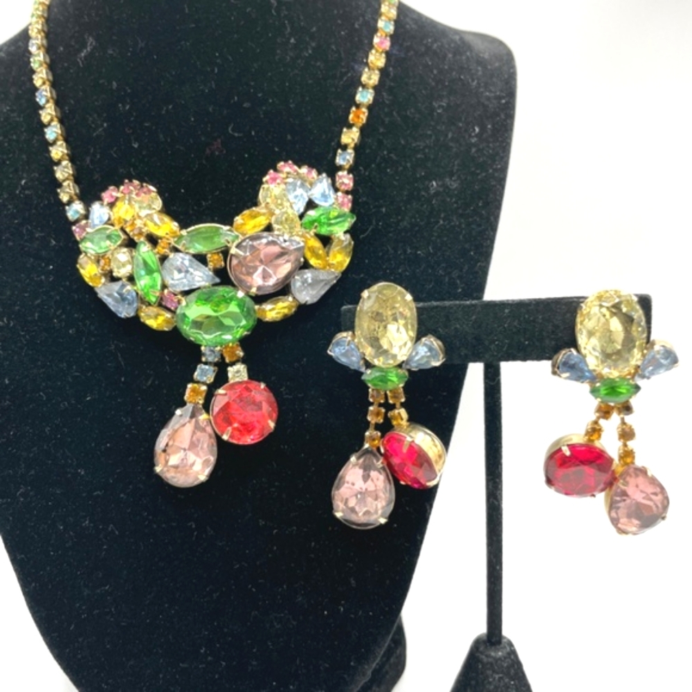 Vintage Fruit Salad Rhinestone Necklace Clip-on Earrings Demi Set